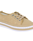 Beige leather sneaker with woven upper, beige laces and a brown platform attached with large white stitching detail.