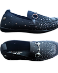 Pair of Black loafers with crystal details at toe and thinning as moves to heel and a silver buckle detail over vamp.