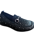 Black loafer with crystal details at toe and thinning as moves to heel and a silver buckle detail over vamp.
