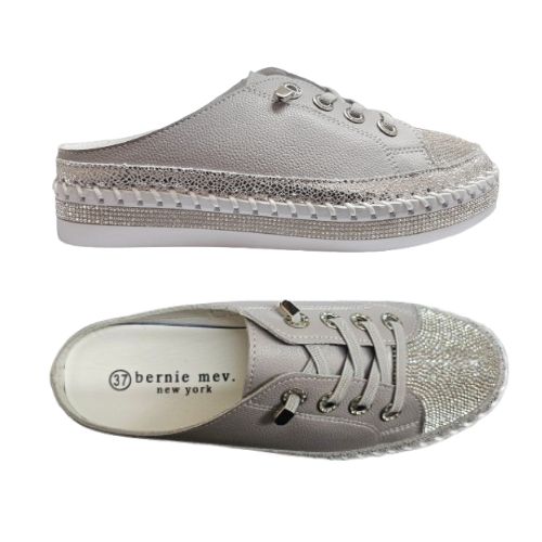 Top and side view of the Bernie Mev TW Jive Clog for women, showcasing memory foam insole and flexible, glitter-accented upper.