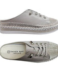 Top and side view of the Bernie Mev TW Jive Clog for women, showcasing memory foam insole and flexible, glitter-accented upper.