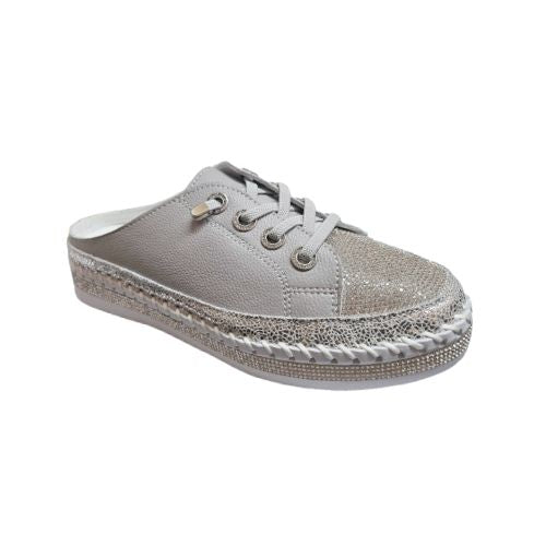 Women's Bernie Mev TW Jive Clog in light grey with sparkly gemstones, featuring a lace-up design and durable rubber outsole for comfort.