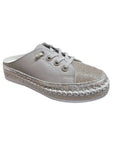 Women's Bernie Mev TW Jive Clog in light grey with sparkly gemstones, featuring a lace-up design and durable rubber outsole for comfort.