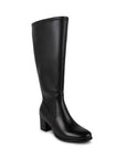 A knee height black leather boot with a square heel measuring about 2 inches