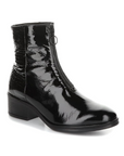 Bos & Co Jordon Zip Ankle Boot in black patent leather with croc-embossed heel detail and low block heel, available at White-Balmer Shoes.