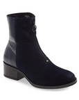 Bos & Co Jordon Zip Ankle Boot in navy suede with croc-embossed leather heel detail and low block heel, ideal for stylish fall wear.