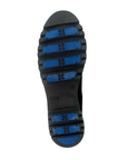 Treaded outsole with blue fiber glass grip sections and "X"s and "Bos&Co" stamped in pattern.
