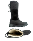 Pair of Black knee-high boots with gray cuff, suede mid, oiled leather foot, wool lining, inside zipper and thick treaded outsole.