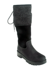 Black knee-high boot with gray cuff, suede mid and oiled leather foot and thick treaded outsole.