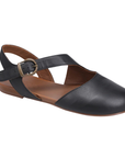 Black slingback D'orsay sandal with buckle closure, asymmetrical straps and tan footbed.