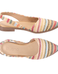 Pair of Yellow, red, green and blues woven upper slingback D'orsay flats with almond shaped closed toe, tan Bueno logo'd footbed with brown thin outsole.