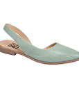 Seafoam, teal, slingback D'orsay flat with almond shaped closed toe, tan Bueno logo'd footbed with brown thin outsole.