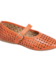 Mary Jane Flat in orange leather with floral laser-cut design, Velcro strap and tan outsole.