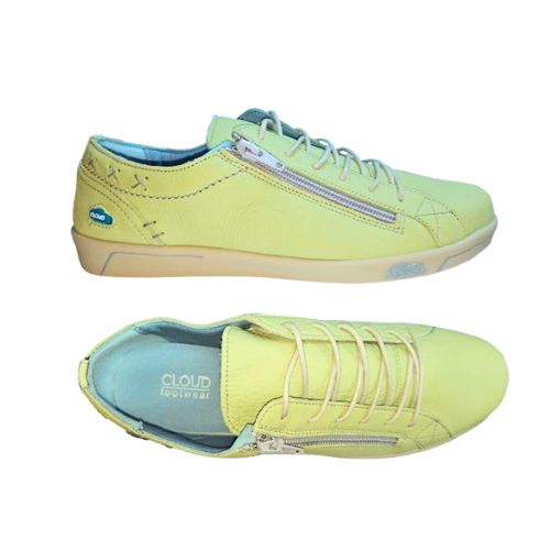 Top and side views of yellow Cloud Aika women's sneaker made in Portugal, featuring soft Italian leather and removable insoles.