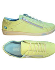 Top and side views of yellow Cloud Aika women's sneaker made in Portugal, featuring soft Italian leather and removable insoles.