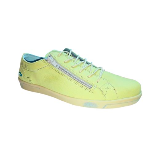 Aika sneaker in green leather with side zipper and lace-up front, ultra-lightweight and stylish.