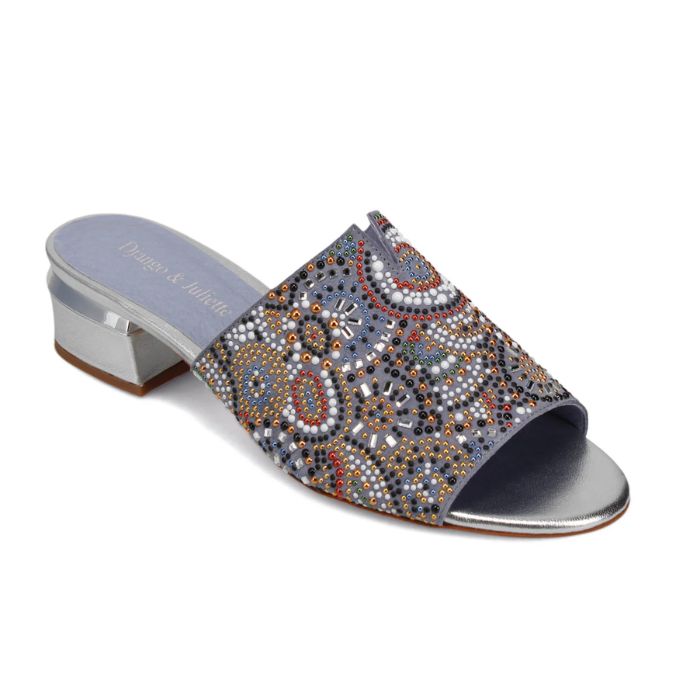 Women's Django & Juliette Tammy heeled slide sandal in silver with multicolor beaded upper and low block heel, ideal for stylish summer wear.