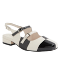 Black and white large checkered pattern slingback sandal with three buckle straps and a low block heel.