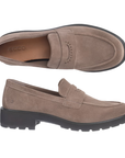 Pair of A taupe-brown suede penny loafers with tan Ecco logo'd insole and a chunky black block heel.
