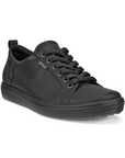 A pair of Ecco lace-up, all black leather sneaker with Gore-tex metal tag on side beside top eyelets and rubber outsole.