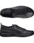 A pair of Ecco lace-up, all black leather sneaker with Gore-tex metal tag on side beside top eyelets, leather footbed and rubber outsole.