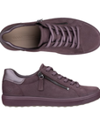 Pair of All purple lace-up sneaker with side zipper and tan Ecco logo'd footbed.