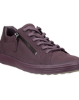 All purple lace-up sneaker with side zipper.