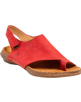 Red toe-loop slingback sandal with a brown footbed and outsole.