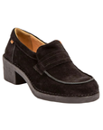 Black suede penny loafer with black rubber block heel.