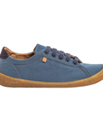 Blue sneaker with brown accent stitching, navy laces and brown textured outsole.