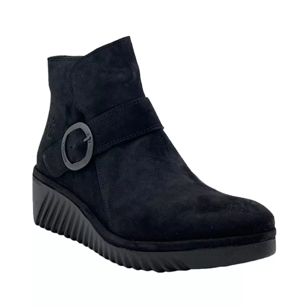 Navy blue suede ankle boot with textured platform wedge. This boot has a buckle across ankle and a overlapping look at the top