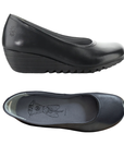 Pair of black leather wedge ballet style shoes with a rounded toe, grey Fly London logo'd footbed and lugged outsole.