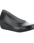 A single black leather wedge ballet style shoe with a rounded toe and lugged outsole.
