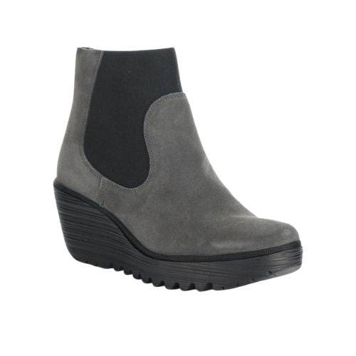 FLY London Yade Wedge Boot in gray suede with black elastic side panels and a comfortable wedge sole. Perfect for fall fashion and all-day wear.