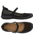 Pair of Black Mary Jane with diamond pattern perforations, tan JBU logo'd footbed and black outsole.