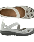 Pair of Light grey floral perforated Mary-Janes with tan JBU logo'd footbed and dark grey rubber outsole.
