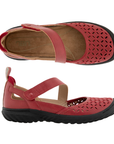 Pair of Red floral perforated Mary-Janes with JBU logo'd tan footbed and black rubber outsole.