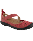 Red floral perforated Mary-Jane with tan footbed and black rubber outsole.