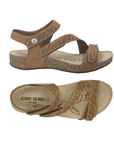 Pair of Brown backstrap sandals with three adjustable Velcro perforated straps, tan Josef Seibel footbed, cork midsole and brown outsole.