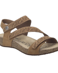 Brown backstrap sandal with three adjustable Velcro perforated straps, tan Josef Seibel footbed, cork midsole and brown outsole.