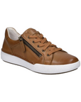 Camel brown leather sneaker with laces, side zipper and white midsole.