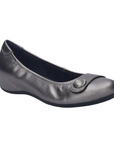 Ballet flat shoe in pewter leather with a decorative strap and silver button on the toe and black outsole.
