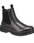 Black leather chelsea boot with dual pull tabs and a lugged outsole.
