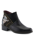 A black leather ankle boot with a low block heel, gold-tone studs on the side and a floral-patterned heel panel.