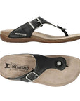 Top and side views of black Mephisto Alinda women's sandals with contoured cork footbed and durable outsole for superior walking comfort.
