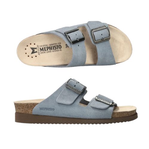 Top and side views of Women's Mephisto Hester Footbed Sandal in light blue, showcasing ergonomic suede insole and contoured cork midsole.