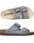 Top and side views of Women's Mephisto Hester Footbed Sandal in light blue, showcasing ergonomic suede insole and contoured cork midsole.