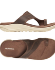 Pair of Brown leather sandals with toe loop, brown Merrell logo'd footbed and beige outsole.