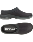 Pair of Black mesh upper clogs with knit cuff, Merrel logo'd footbed and treaded grey outsole.