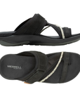 Pair of Black leather slide sandals with toe loop, decorative white braid, black Merrell logo'd footbed, Velcro strap and black outsole.